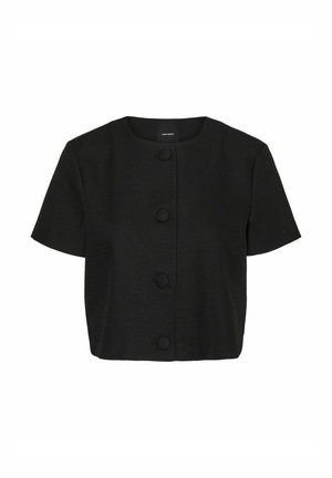 Czarny crop top z krótkim rękawem i okrągłym dekoltem, z pięcioma dużymi guzikami z przodu oraz fakturowanym materiałem. Prosty design.