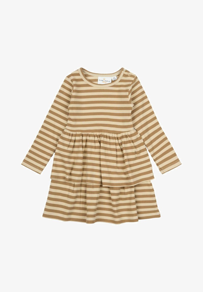 Barna és krém csíkos, hosszú ujjú ruha, tiered fodros dizájnnal, kerek nyakkivágással és gombos részletekkel a vállon. Ribbed anyagból készült.