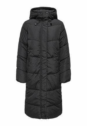 Czarna puchowa kurtka o długiej sylwetce, posiada kaptur, kieszenie na zamek, pikowaną fakturę oraz zapięcie na zatrzaski. Lekki, ocieplany materiał.