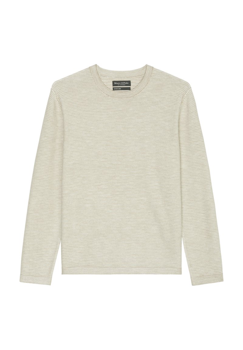 Jasnoróżowa, długorękawowa koszulka z miękkiej tkaniny, z delikatnymi poziomymi paskami i okrągłym dekoltem.