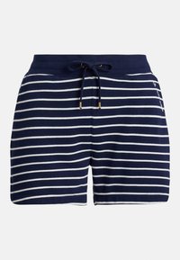 Marineblå bomullsshorts med hvite horisontale striper, elastisk midjebånd og snøring. Har gullfarget metallbeslag og sidesplittdetaljer.