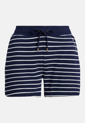 Shorts in cotone blu navy con strisce orizzontali bianche, vita elasticizzata e coulisse. Presentano dettagli in metallo color oro e spacchi laterali.