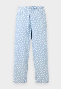 Light blue straight-leg jeans with white irregular polka dots, front button, zipper, and five-pocket design, displayed on white background.