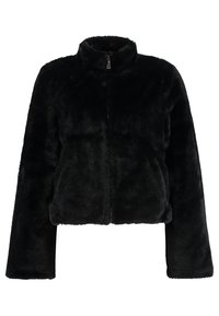 Chaqueta corta de pelo sintético negro con cuello alto, cierre de cremallera completa y mangas largas. Textura suave con un acabado liso y uniforme.