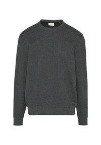 Pull en tricot gris foncé avec un col rond, des poignets et un ourlet côtelés, présentant un motif texturé subtil et un petit logo sur le bas à gauche.