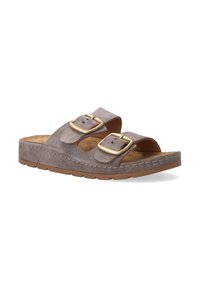 Gray suede slide sandals with two adjustable buckles, cork footbed, and rubber sole. Features open toe and curved shape.