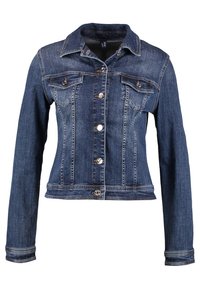 Denimjacka i mörkblått, med klassisk krage, två bröstfickor med lock och silverfärgade knappar. Figursydd design med lång ärm.