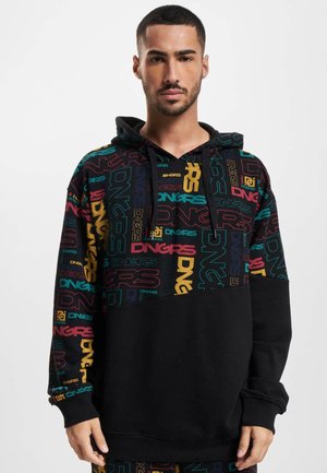 Hooded sweatshirt featuring a colorful logo pattern on the top half and solid black bottom. Made of soft fabric, with a relaxed fit and long sleeves.
