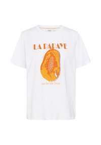 Valge puuvillane t-särk, millel on värvikas papaya graafika, mille all on tekst "LA PAPAYE" ja "marche aux fruits" oranžis ja sinises värvuses.