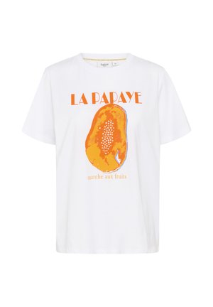 T-shirt en coton blanc avec un graphique coloré d'une papaye, portant les inscriptions "LA PAPAYE" et "marche aux fruits" en orange et bleu.