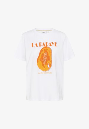 T-shirt en coton blanc avec un graphique coloré d'une papaye, portant les inscriptions "LA PAPAYE" et "marche aux fruits" en orange et bleu.