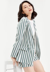 Ensemble blazer à rayures et short en vert et blanc. Le blazer est doté d'un col cranté, de poches et d'une coupe décontractée. Texture lisse.