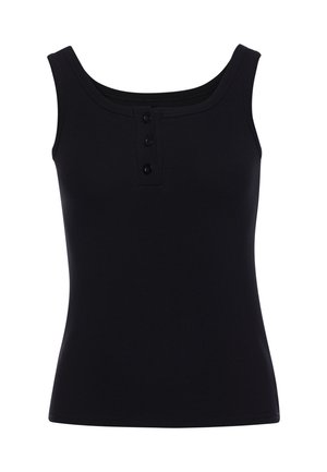 Zwart geribbeld mouwloos tanktopje met ronde hals en drie kleine knoopjes middenvoor.
