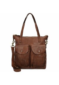 Sac fourre-tout en cuir marron avec deux poches en maille à l'avant, anses plates et une bandoulière détachable. Comprend une fermeture éclair et des boutons-pression.