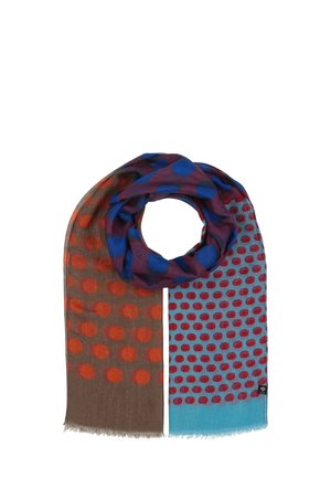 Multicolored scarf made of lightweight fabric, featuring large blue and red polka dots on a brown and blue background with fringe edges.