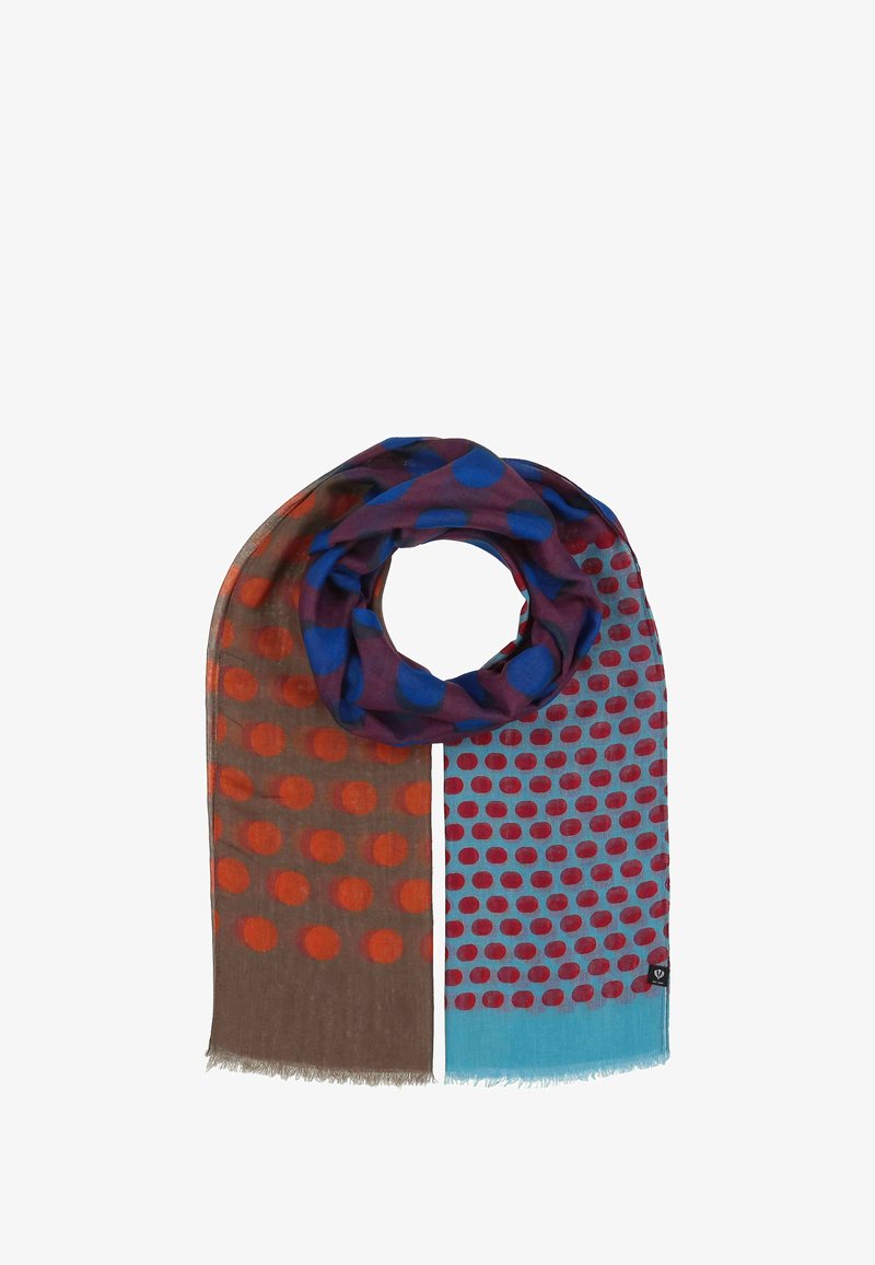 Multicolored scarf made of lightweight fabric, featuring large blue and red polka dots on a brown and blue background with fringe edges.