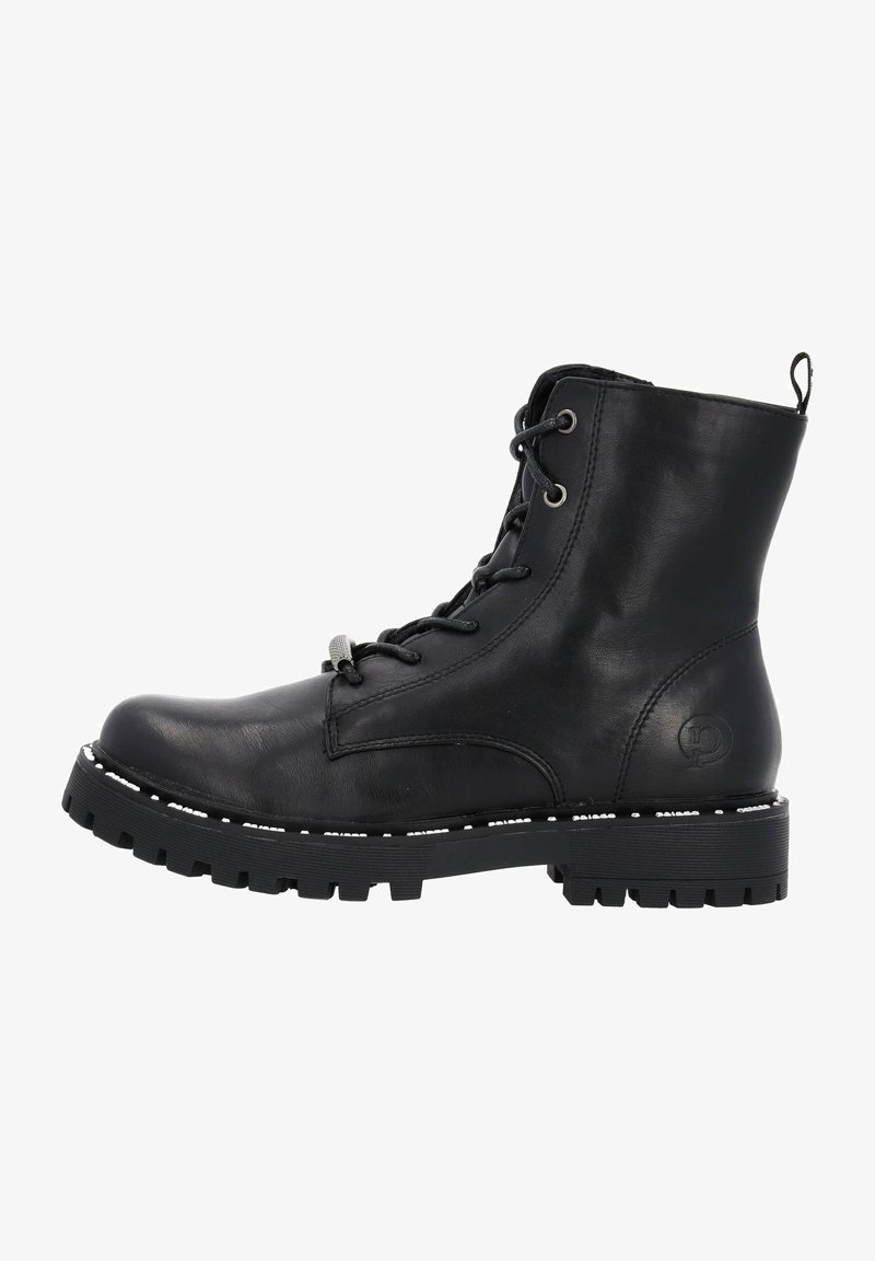 Bottines en cuir noir avec un bout rond, un design à lacets et une semelle en caoutchouc robuste avec des détails de couture blanche.