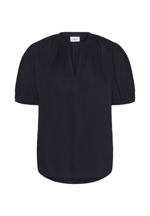Zwarte blouse met korte mouwen en een ronde halslijn. Getextureerde stof, geplooide mouwen en een split bij de hals. Glad afgewerkt.