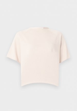 Kurzärmeliges, cremefarbenes, geripptes, gehäkeltes kurzes Oberteil mit rundem Ausschnitt auf einfachem weißen Hintergrund.