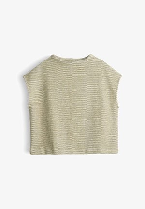 Top sans manches en tricot texturé beige avec un col rond, présenté à plat sur un fond blanc.
