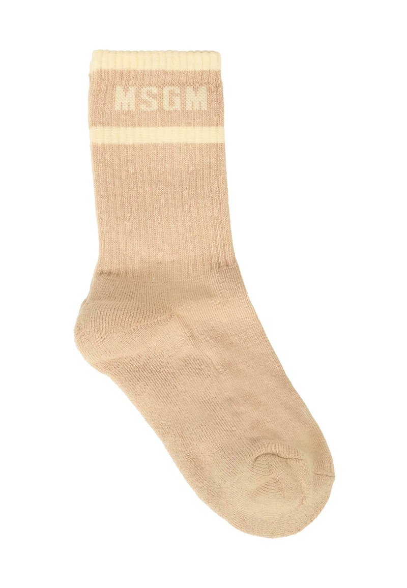 Beżowa bawełniana skarpetka z prążkowanym ściągaczem, z kontrastującym jasnobeżowym paskiem oraz logo "MSGM" wykutym w materiale.