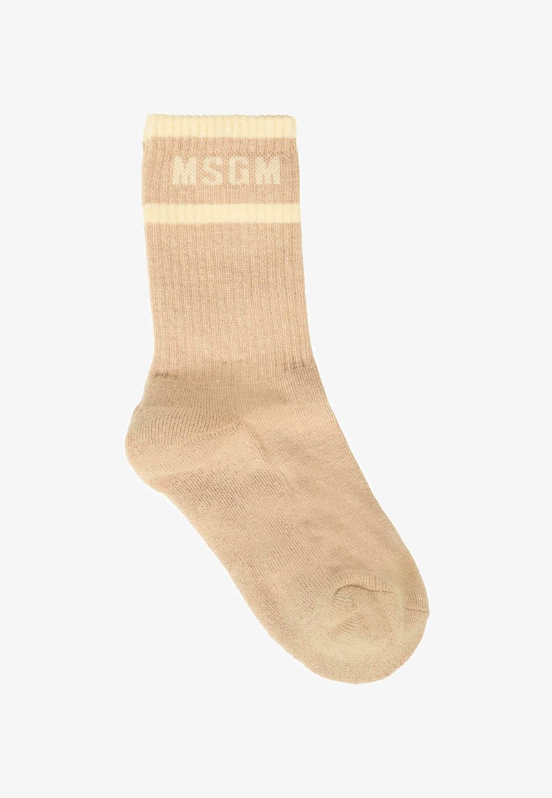 Beżowa bawełniana skarpetka z prążkowanym ściągaczem, z kontrastującym jasnobeżowym paskiem oraz logo "MSGM" wykutym w materiale.