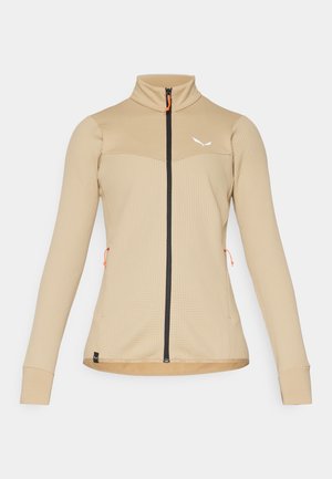 Giacca beige con zip, caratterizzata da un design testurizzato, colletto alto e zip nera. Presenta dettagli arancioni e una silhouette aderente.