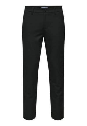 Schwarze, maßgeschneiderte Hose aus glattem Stoff mit Knopfverschluss, Gürtelschlaufen und geradem Bein. Keine sichtbaren Muster oder Akzente.