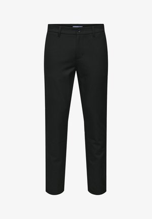 Black, tailored trousers made of smooth fabric, featuring a button closure, belt loops, and a straight leg design. No visible patterns or accents.