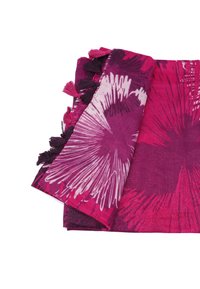Sciarpa rettangolare in vivaci tonalità di rosa e viola, caratterizzata da un audace motivo astratto e frange decorative lungo i bordi. Texture morbida.