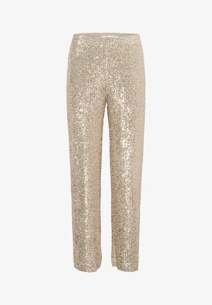 Gold sequin pants with a straight leg design. Features a stretchy waist and a smooth texture, creating a sparkling surface effect.