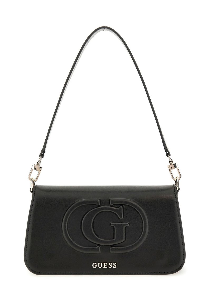 Borsa a tracolla nera in ecopelle, con logo testurizzato, forma rettangolare piatta e una sottile tracolla. Presenta un accento argento con il nome del marchio.