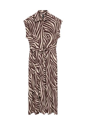 Klänning med zebramönster i brunt och krämvitt, korta ärmar, krage, knäppning fram och knyten i midjan, med en luftig design som går till knäna.