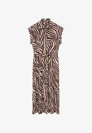 Kleid mit zebramuster in Braun und Creme, kurzer Ärmeln, Kragen, Knopfleiste und gebundenem Taillenbereich, mit einem fließenden Design bis zum Knie.