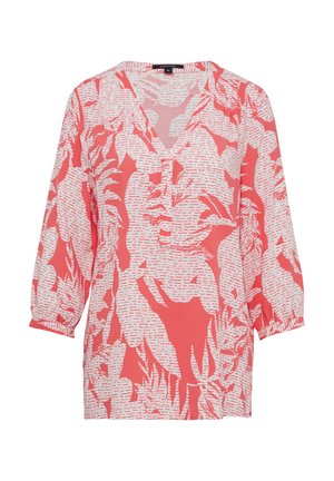 Langärmlige Bluse mit V-Ausschnitt in Koralle, ausgestattet mit weißen abstrakten Blättermustern; leichtes Material; geraffte Details an Schultern und Ärmeln.