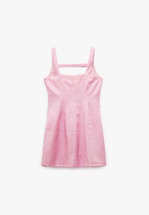 Rosa ärmelloses Kleid aus strukturiertem Stoff mit geradem Ausschnitt und quadratischem Rückenausschnitt. Es hat eine taillierte Silhouette und einen knielangen Saum.