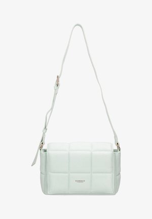 Light green shoulder bag with a quilted design, featuring a smooth texture and adjustable strap. Gold hardware accents at the strap.