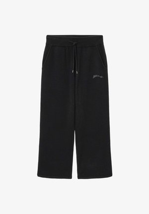 Black sweatpants made of soft fabric, featuring an elastic waistband, adjustable drawstring, and side pockets. Subtle logo embroidery on front.