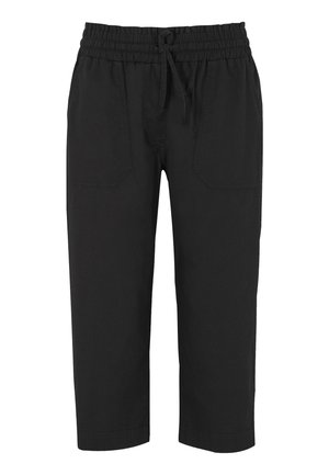 Schwarze Baumwollhosen mit elastischem Bund und Kordelzug. Verfügt über zwei Fronttaschen und eine verkürzte Länge. Glatte Textur.