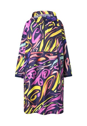 Longue jacket à capuche avec fermeture éclair sur le devant, recouverte de tourbillons abstraits vibrants en jaune, rose, violet et vert sur un fond sombre.