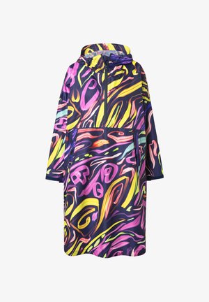 Lange hoodie-jack met een ritssluiting aan de voorkant, bedekt met levendige abstracte zwirls in geel, roze, paars en groen op een donkere achtergrond.