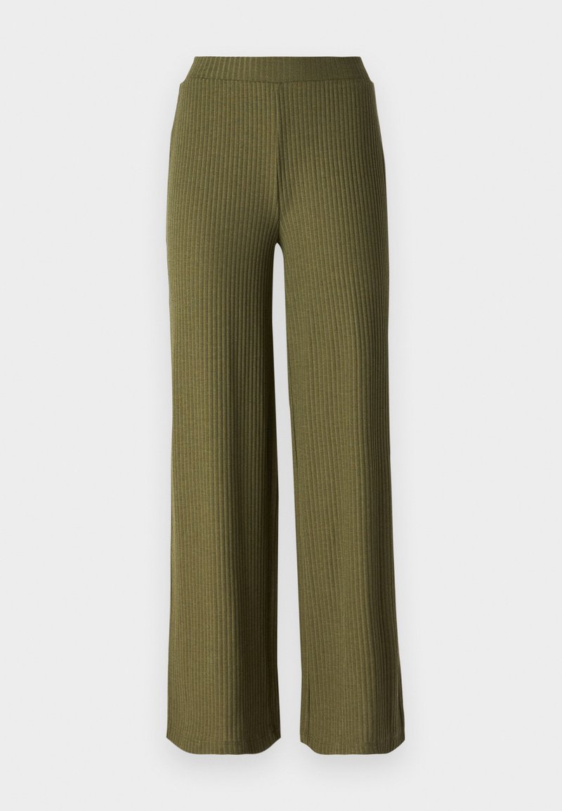 Pantalons larges côtelés en vert olive avec une texture douce et une taille élastique. Ils présentent une coupe droite et une longueur longue.
