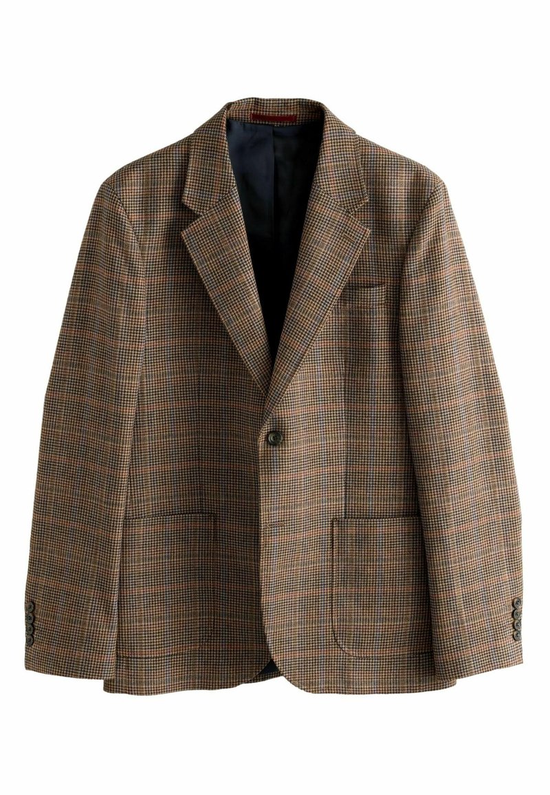 Blazer marron et noir à carreaux avec un seul bouton, col à encoches, trois boutons aux poignets et poches plaquées.