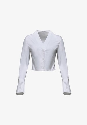 Weißes, kurzes Shirt aus glattem Stoff, mit langen Ärmeln und ausgestellten Manschetten sowie einem V-Ausschnitt. Mit Knöpfen an der Vorderseite.