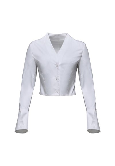 Camicia bianca corta in tessuto morbido, con maniche lunghe e polsini a campana e scollatura a V. Bottoni lungo il davanti.