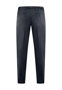 Pantaloni blu navy con design dritto, realizzati in tessuto leggero. Presentano due tasche posteriori con bottone e una parte frontale piatta.