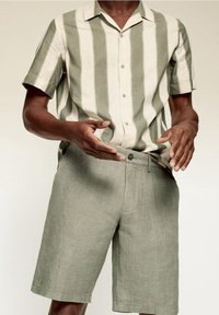 Uomo che indossa una camicia a maniche corte a righe verticali verde chiaro e beige, con pantaloni corti verde chiaro a lunghezza ginocchio, in piedi con le mani in movimento a metà.