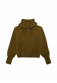 Olivgrüner Pullover mit hohem geripptem Kragen, halbem Reißverschluss und strukturiertem Strickmuster auf Brust und Schultern.