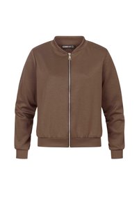 Braune Bomberjacke mit Rundhalsausschnitt, Reißverschluss vorne und gerippten Bündchen. Glatter, strukturierter Stoff mit elastischem Bund.
