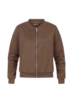 Braune Bomberjacke mit Rundhalsausschnitt, Reißverschluss vorne und gerippten Bündchen. Glatter, strukturierter Stoff mit elastischem Bund.